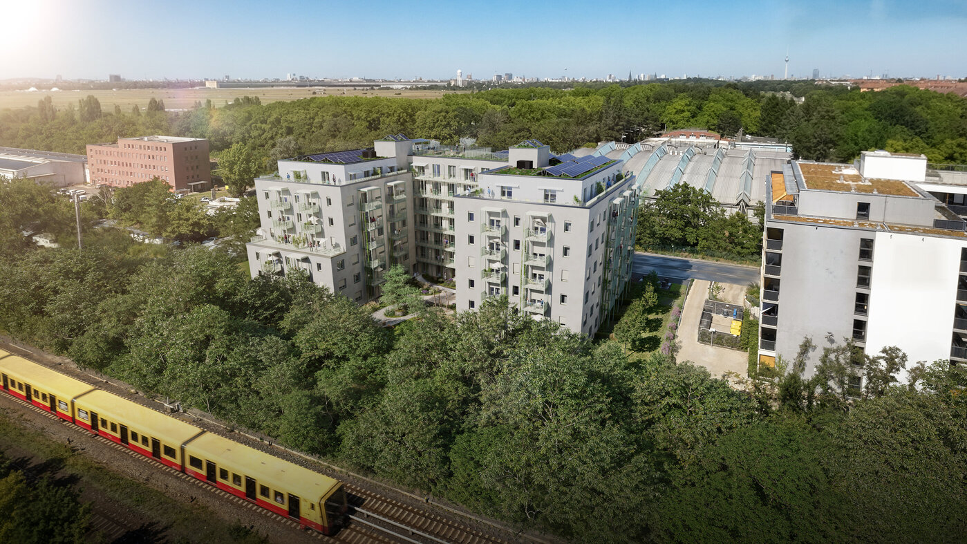 Eigentumswohnung in der Oderstrasse Berlin Tempelhof. Zu sehen ist eine Luftbildaufnahme vom Wohnkomplex.