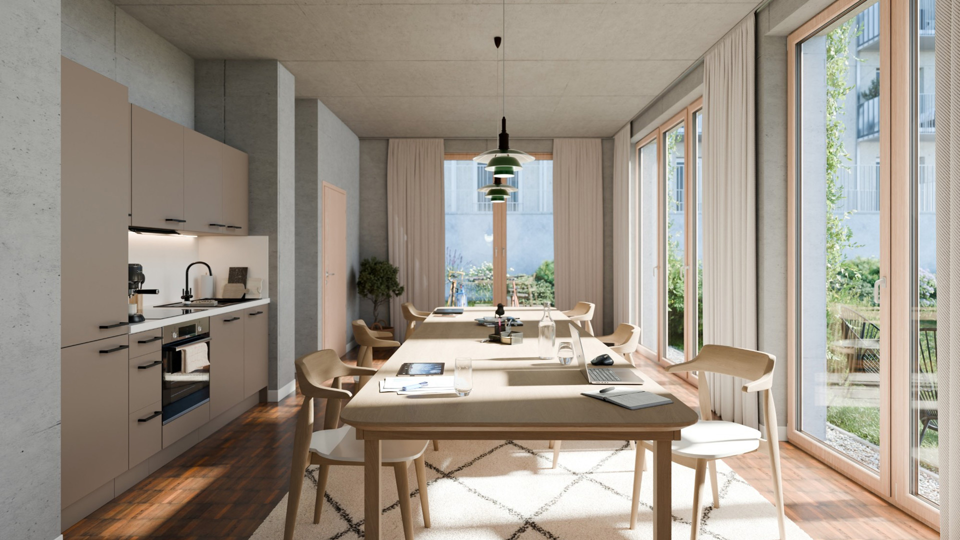 Das Bild zeigt eine hochmoderne, offene Wohnküche mit Esszimmertisch. Der ganze raum ist von der sommerlichen Sonne, die durch die großen Terassenfenster hinein scheint hell erleuchtet.